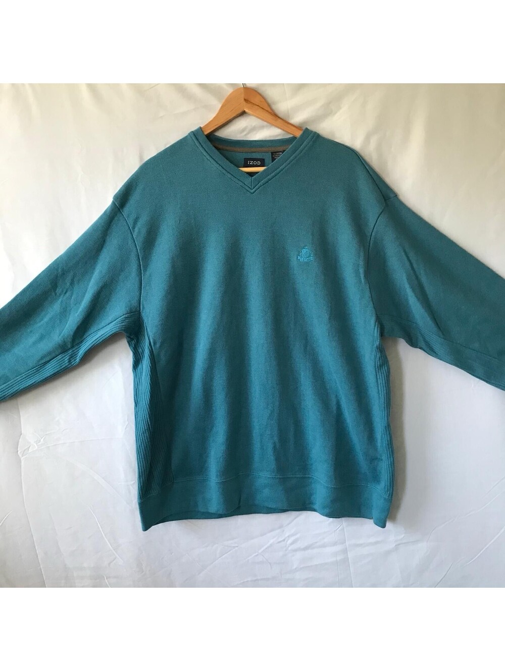 IZOD Sweater XL Teal V Neck Cotton Blend Embroidered Logo Pullover